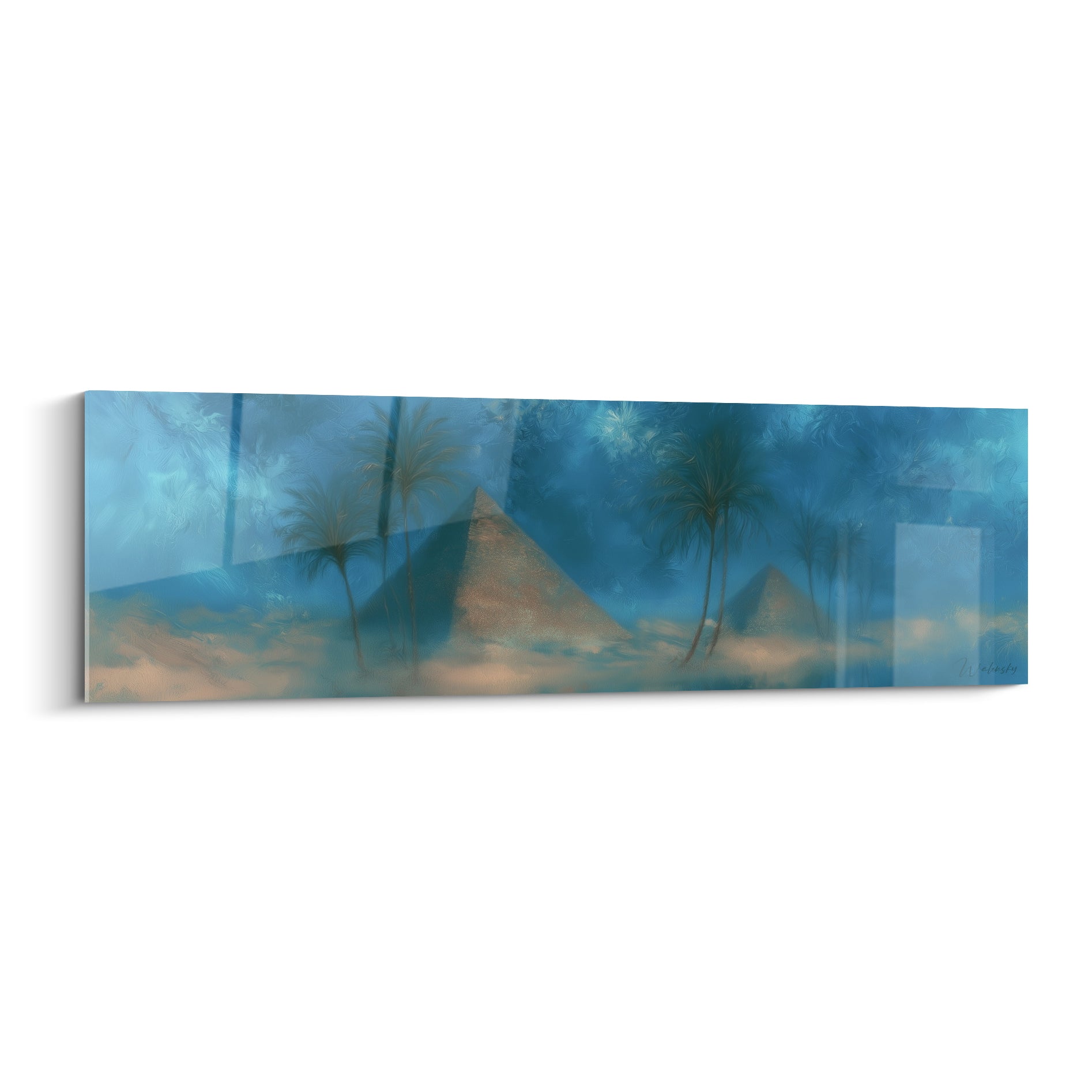 Pyramides égypte ocre et sable émergeant d'une brume bleu turquoise entourée de palmiers sombres