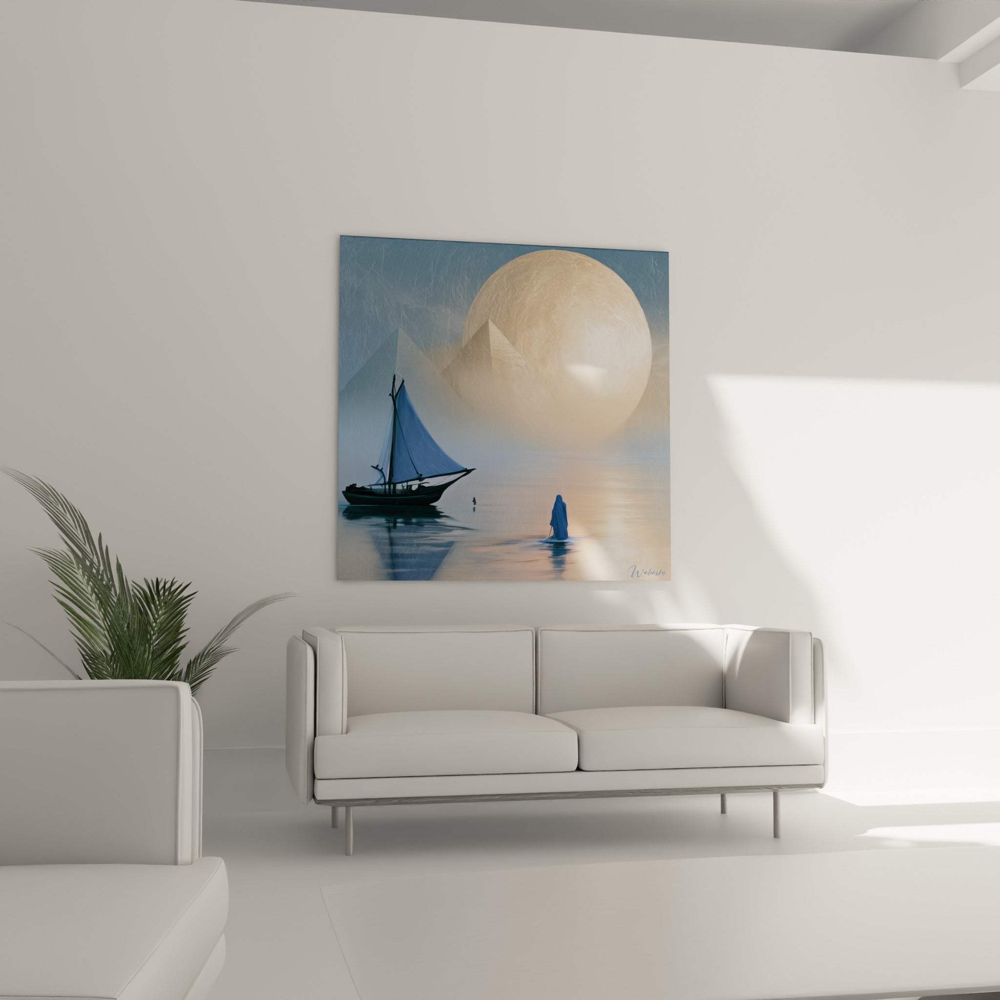 Nil paisible aux reflets bleus et orangés sous une lune démesurée, tableau égypte au-dessus d'un canapé dans un salon lumineux
