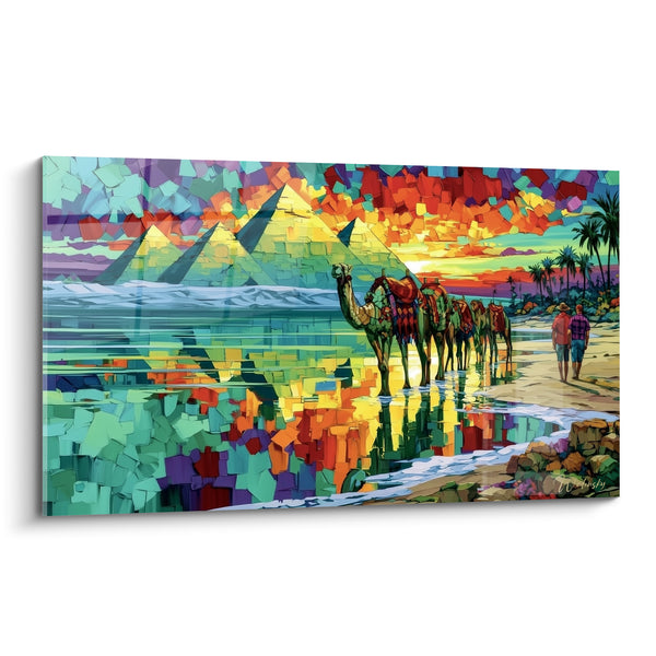 Tableau Pyramides turquoise et rouge au coucher du soleil - Caravane du crépuscule - Edition egypte