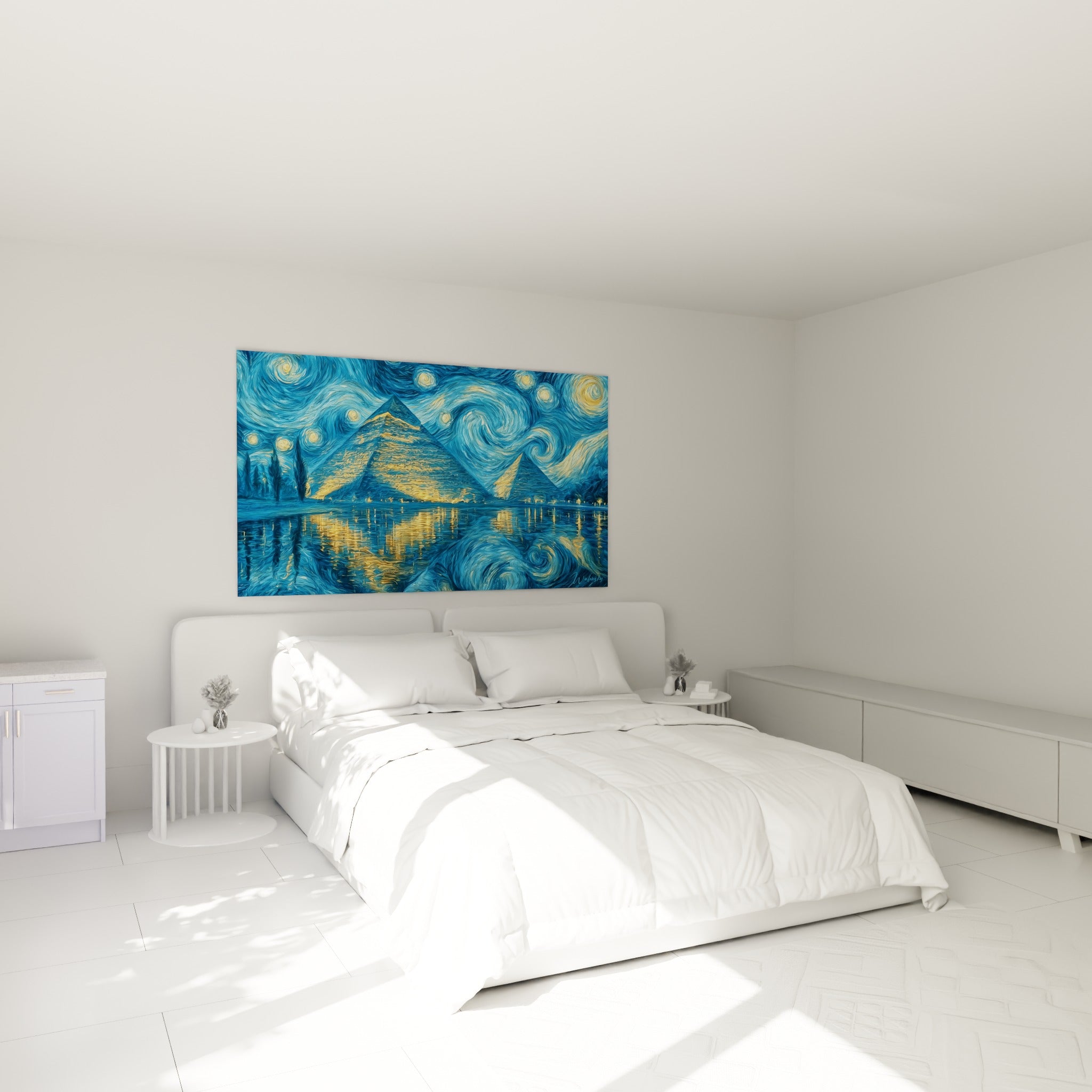 Pyramides dorées et ciel bleu étoilé tourbillonnant, au-dessus d'un lit dans une chambre claire