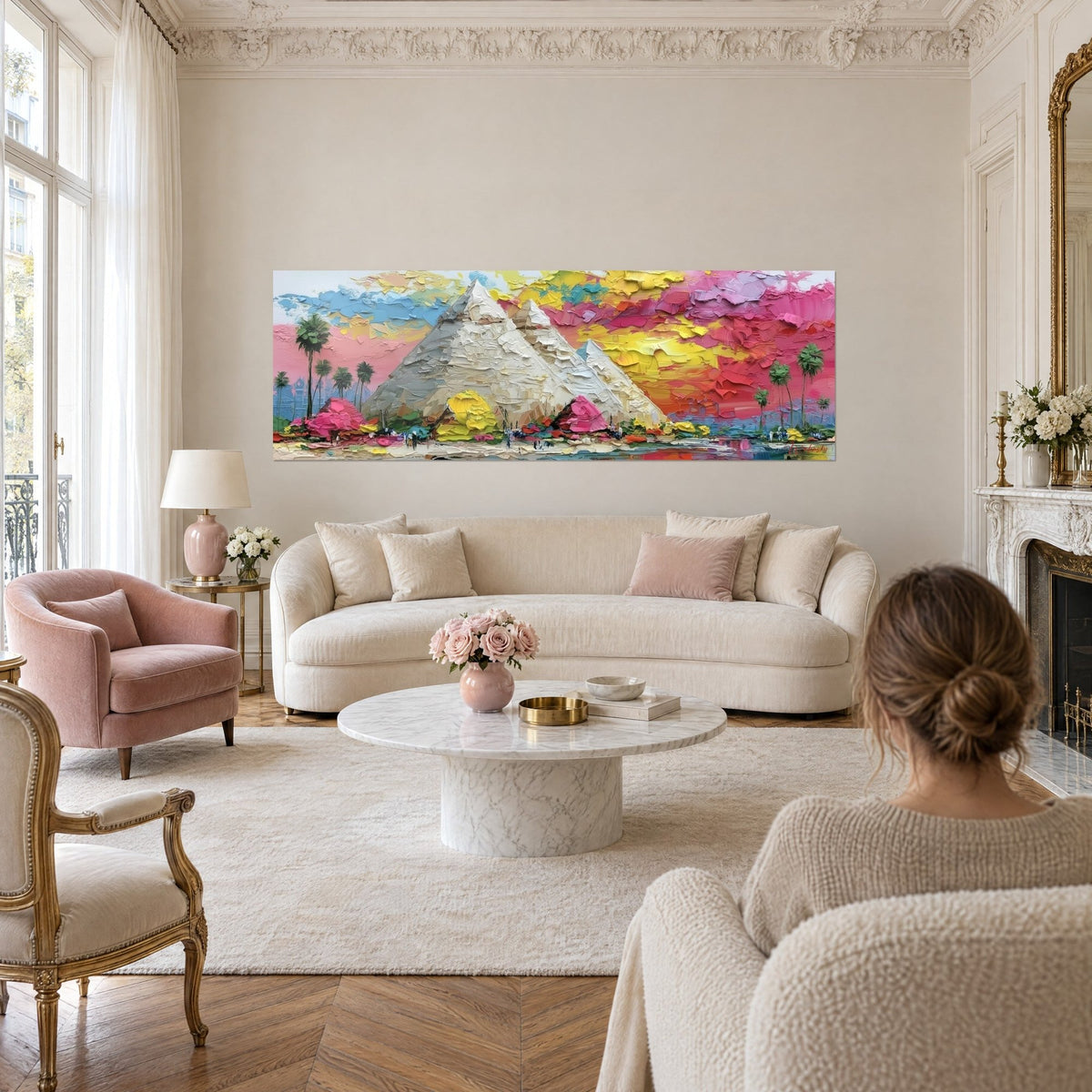 Quadro piramidi beige con palme verdi sotto un cielo rosa e giallo, coppia di spalle, sopra un divano in un soggiorno luminoso