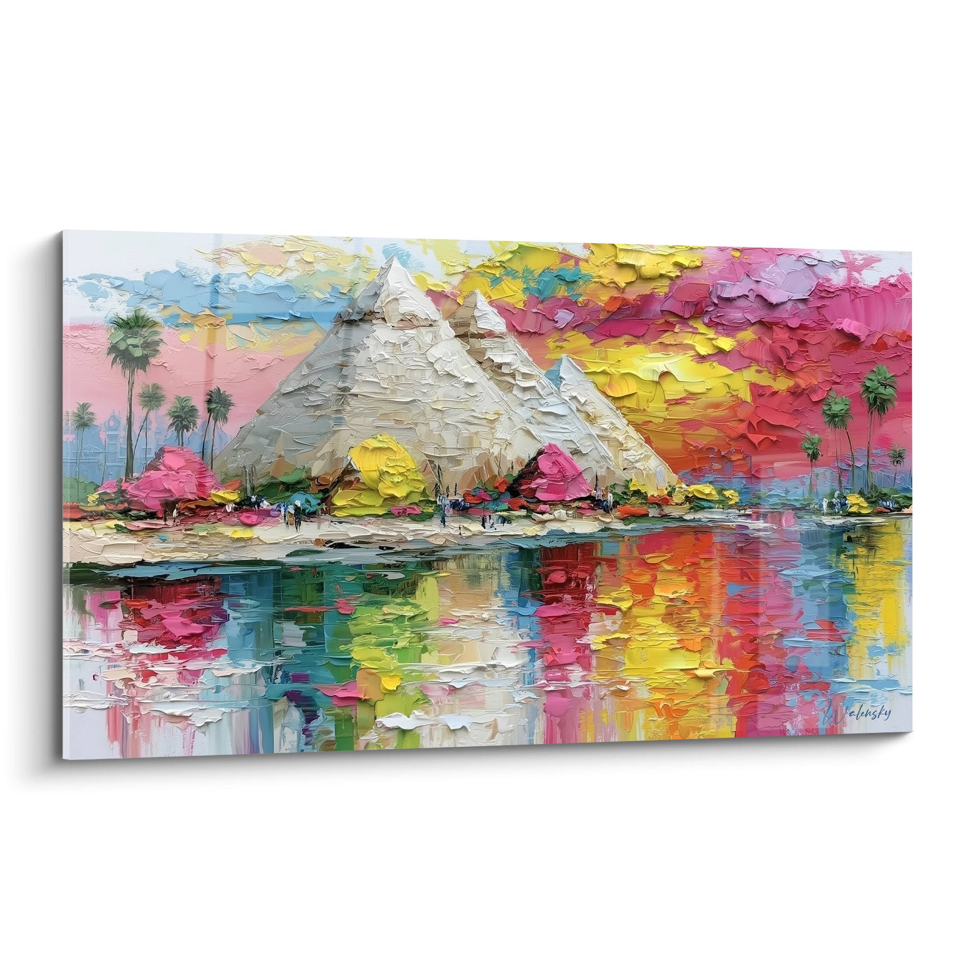 Pyramides d'Égypte blanches et dorées sous un ciel rose fuchsia, peinture au couteau texturée