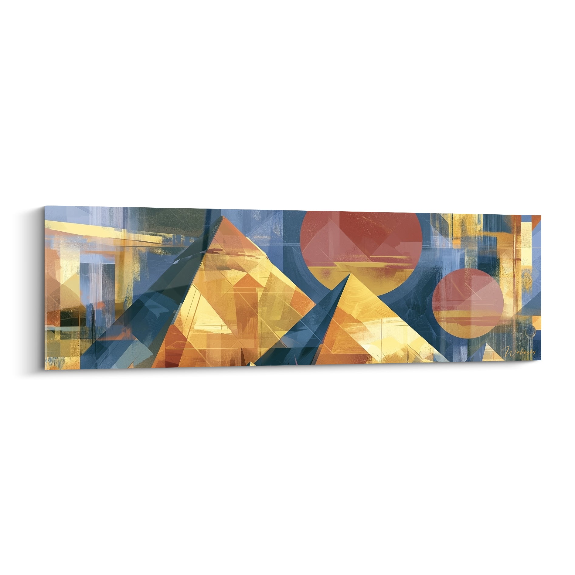 Pyramides dorées et bleu marine géométriques avec cercles terracotta, style cubiste égyptien