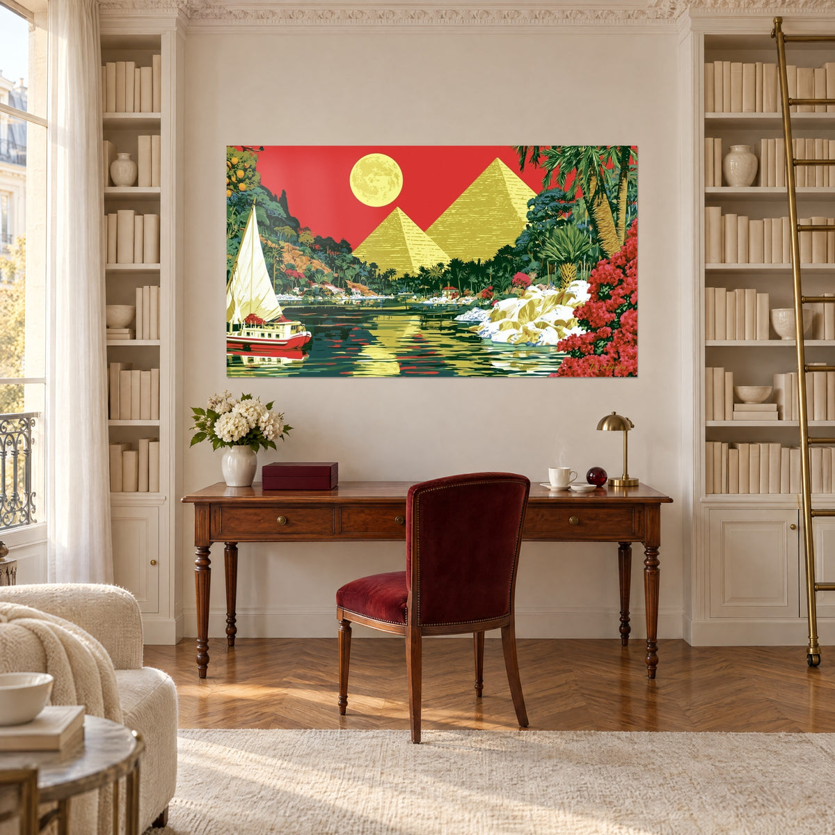 Cuadro de paisaje egipcio estilizado en rojo y oro, pirámides doradas, encima de un escritorio de madera entre dos estanterías