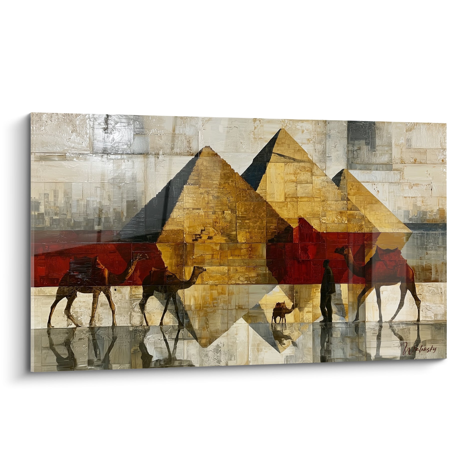 Pyramides dorées et caravane de chameaux rouge et anthracite traversant un désert texturé