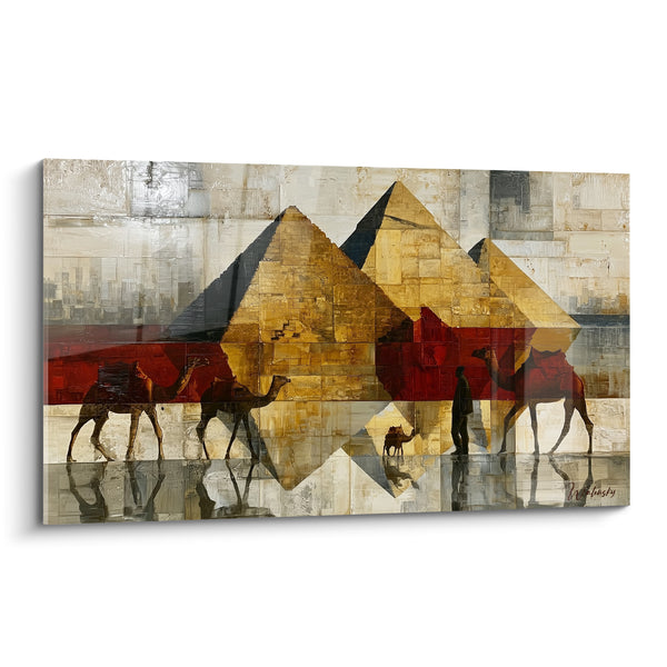 Tableau Pyramides dorées et rouges au reflet miroité - Caravanier et son petit chameau - Edition egypte