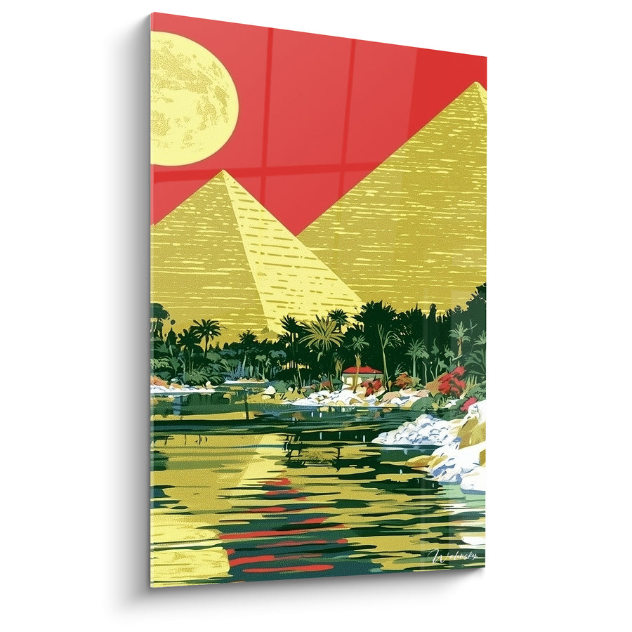 Tableau Pyramides jaunes et rouges au bord d'une rivière - Palmeraie et pleine lune - Edition egypte