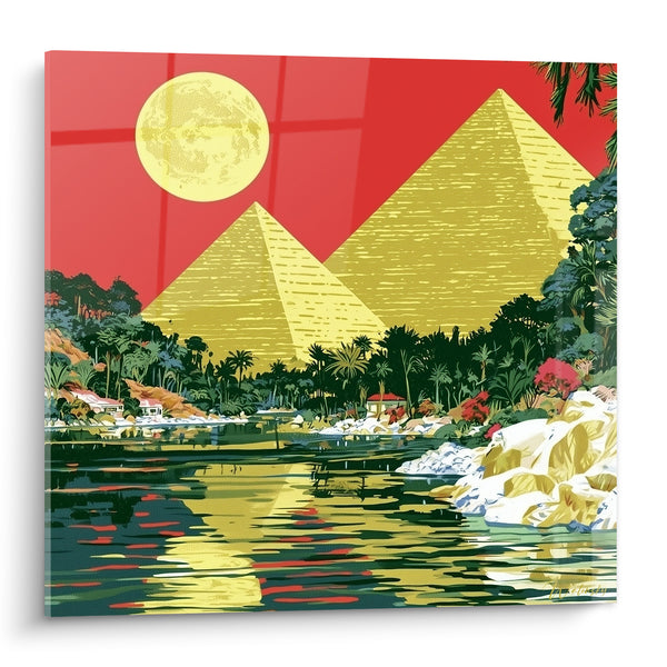 Tableau Pyramides dorées ciel rouge et pleine lune - Oasis sous la lune - Edition egypte