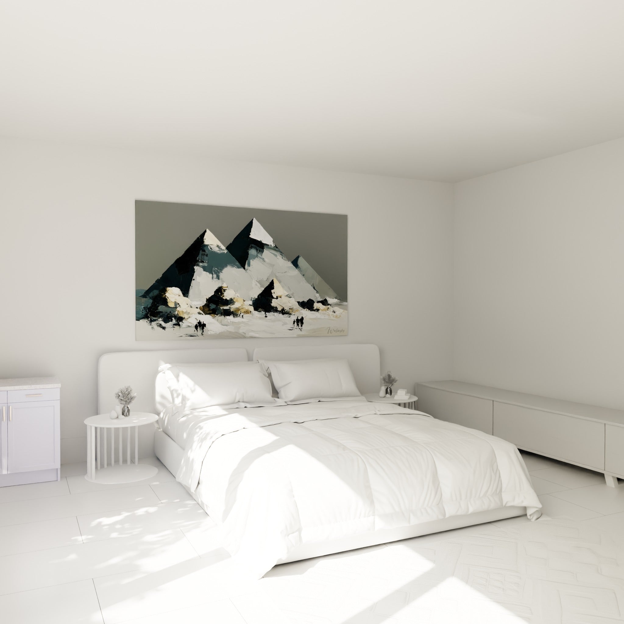 Trois pyramides anthracite et ocre se dressant au-dessus d'un lit dans une chambre claire