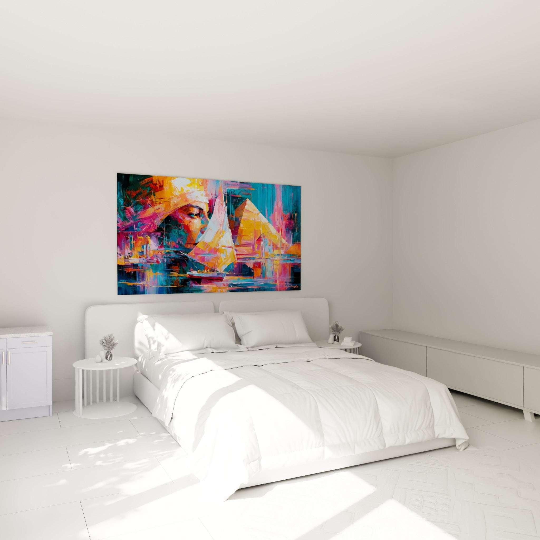 Pyramides dorées et voilier rose surplombant le Nil turquoise, au-dessus d'un lit dans une chambre claire