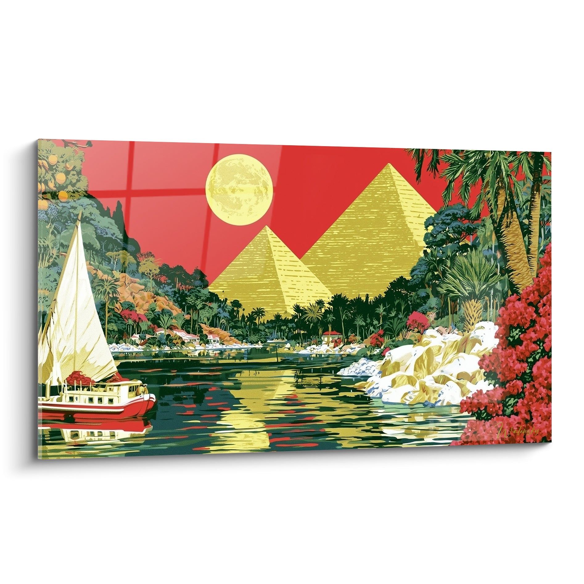 Pyramides égypte dorées et voilier blanc sur le Nil sous une pleine lune, fond rouge intense