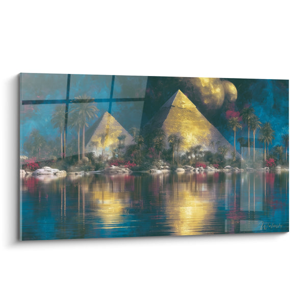 Tableau Pyramides dorées et bleu nuit reflétées - Palmiers et lune reflétée - Edition egypte