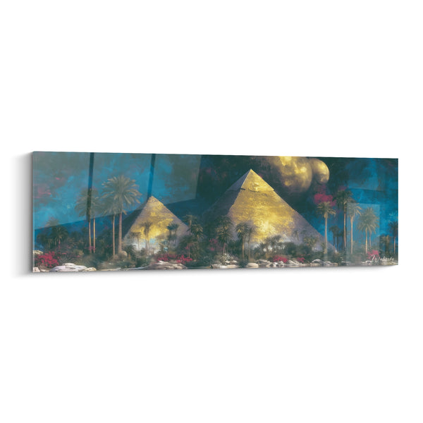 Tableau Pyramides dorées et oasis bleu nuit - Veillée sous les étoiles - Edition egypte