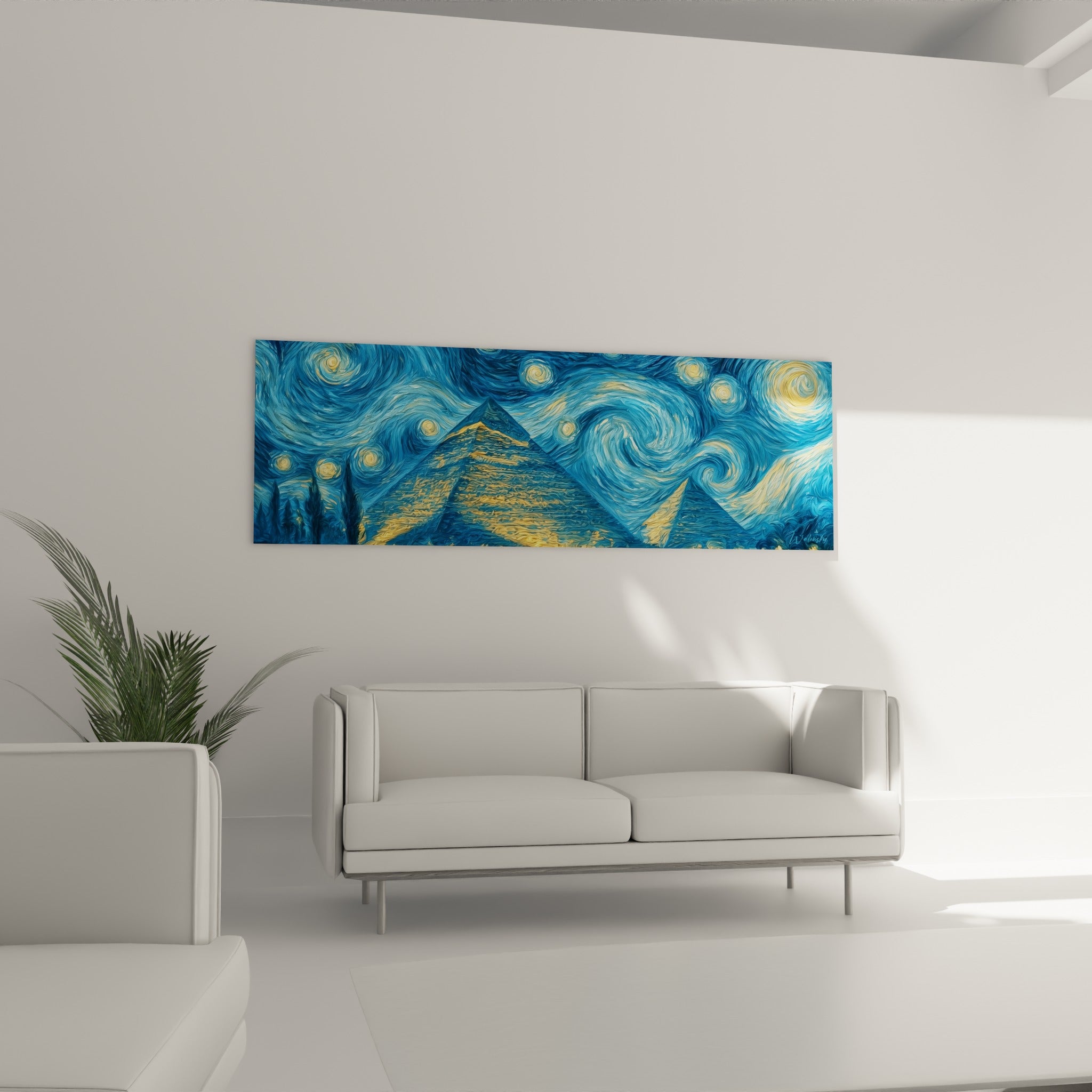 Silhouettes dorées des pyramides sous tourbillons bleu marine au-dessus d'un canapé dans un salon lumineux