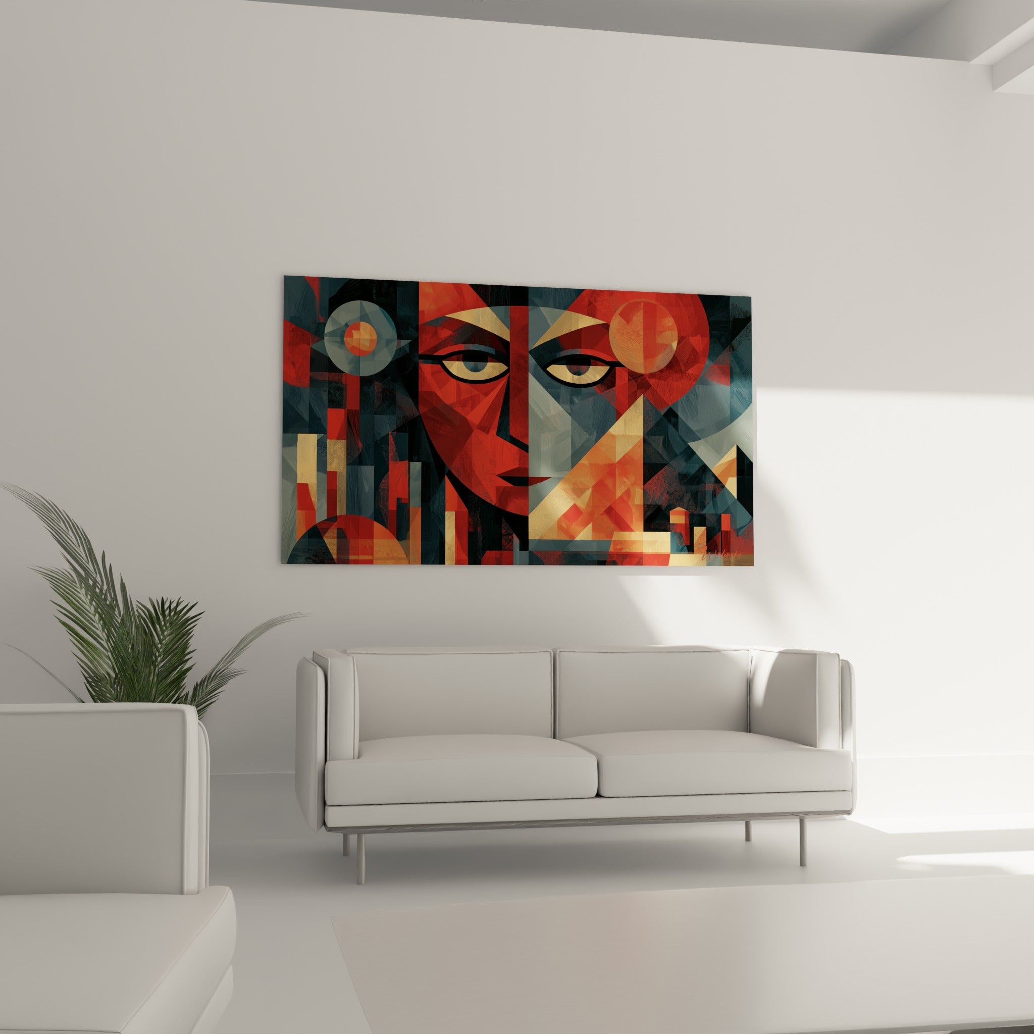 Divinité géométrique rouge et bleu, tableau égypte suspendu au-dessus d'un canapé dans un salon lumineux