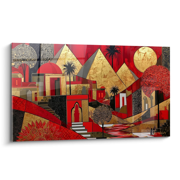 Tableau Village doré et rouge aux palmiers noirs - Escalier blanc et ruelle - Edition egypte