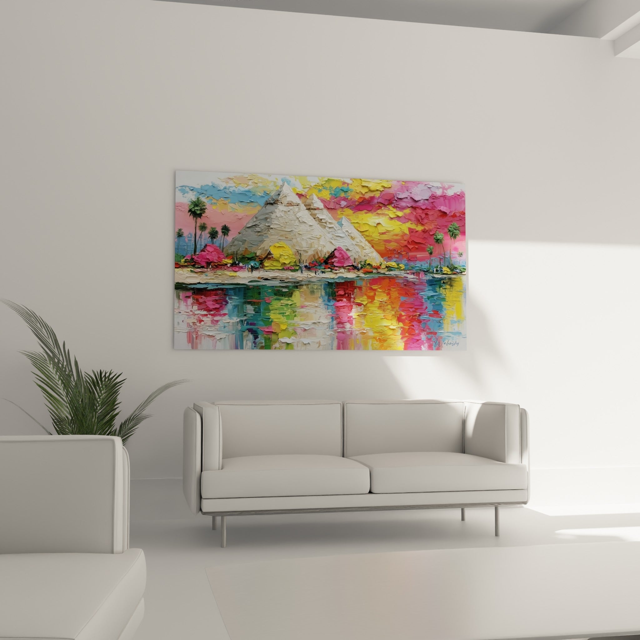 Trois pyramides blanches et ciel doré vibrant se déploient au-dessus d'un canapé dans un salon lumineux