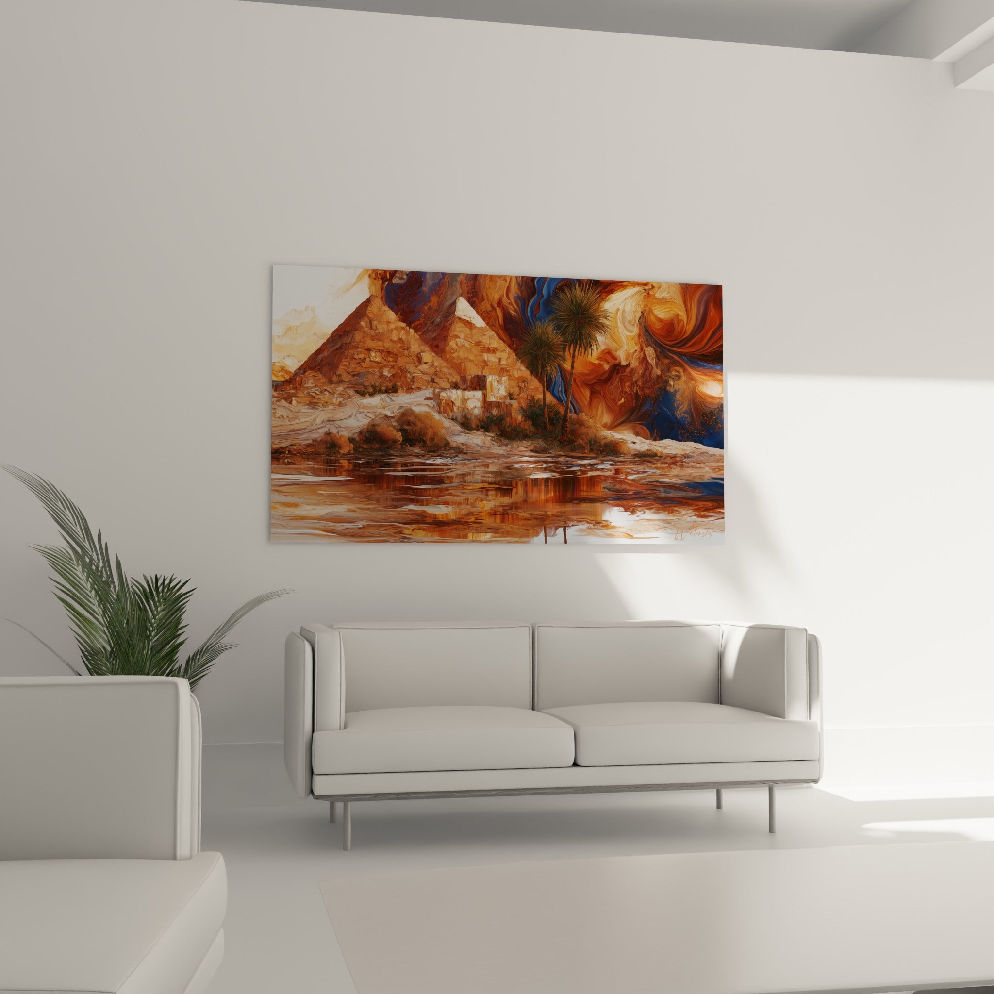 Oasis du Nil aux tons dorés et bleu marine avec pyramides, au-dessus d'un canapé dans un salon lumineux