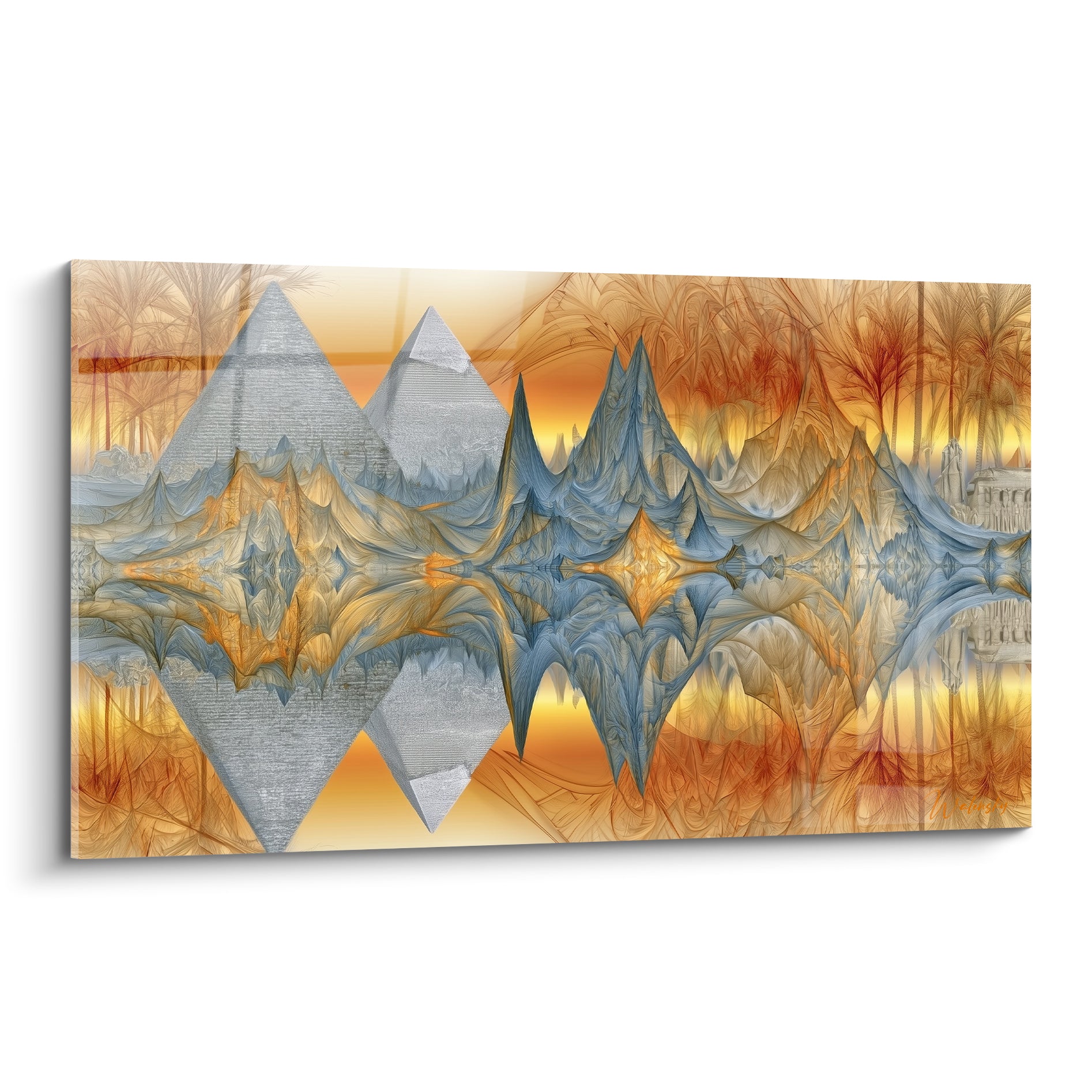 Pyramides grises et motifs fractals bleu et doré sur ce tableau égypte abstrait