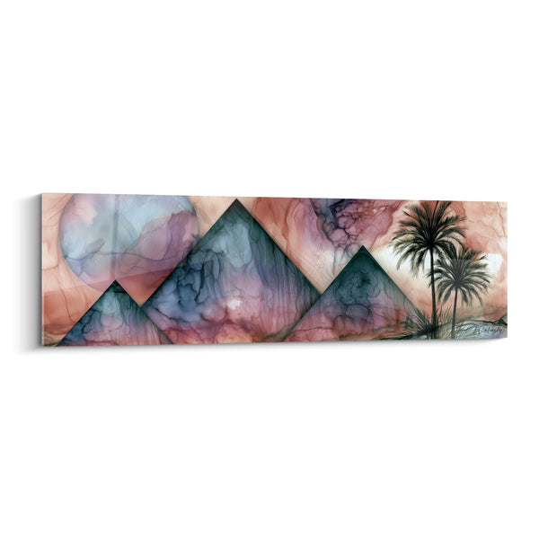 Tableau Pyramides marbrées bleu et rose aux palmiers - Lune pastel voilée - Edition egypte