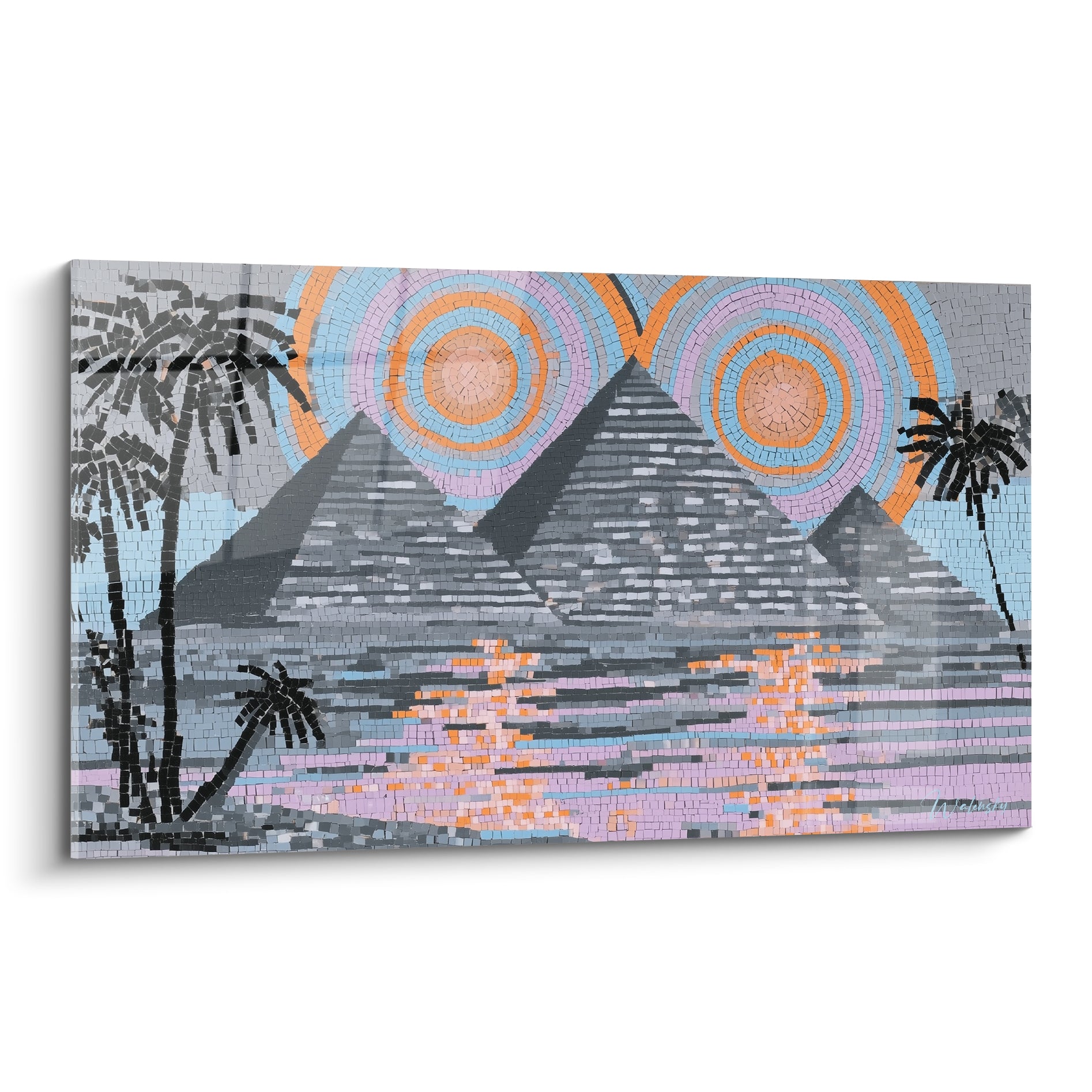 Pyramides anthracite et cercles orangés en mosaïque évoquant un coucher de soleil égyptien
