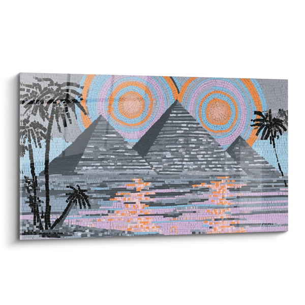 Tableau Pyramides grises et cercles orangés en mosaïque - Double soleil du désert - Edition egypte
