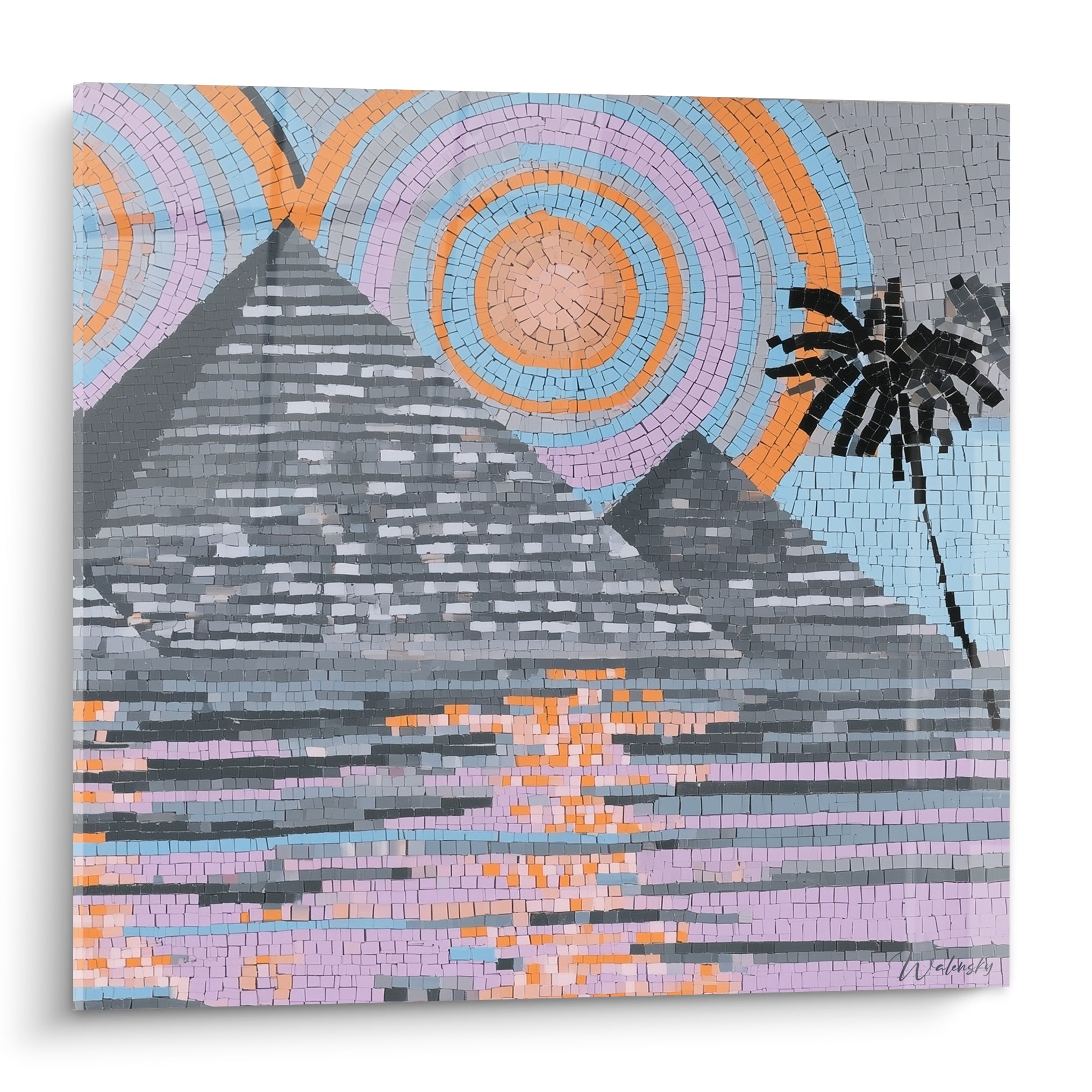 Pyramides grises et soleil orangé en mosaïque, palmier noir, composition égyptienne circulaire