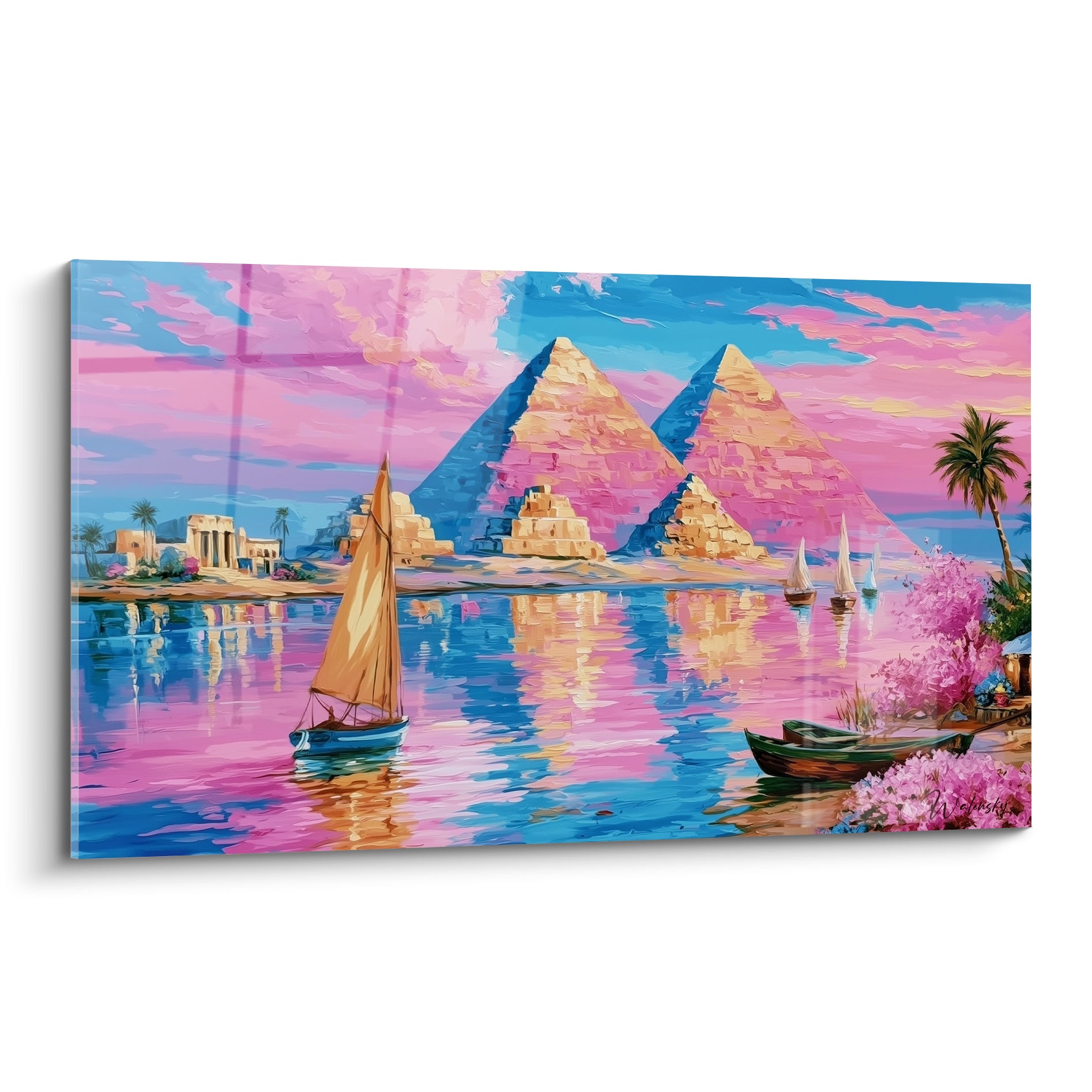 Pyramides dorées et felouque ocre sur le Nil rose et bleu, coucher de soleil égyptien