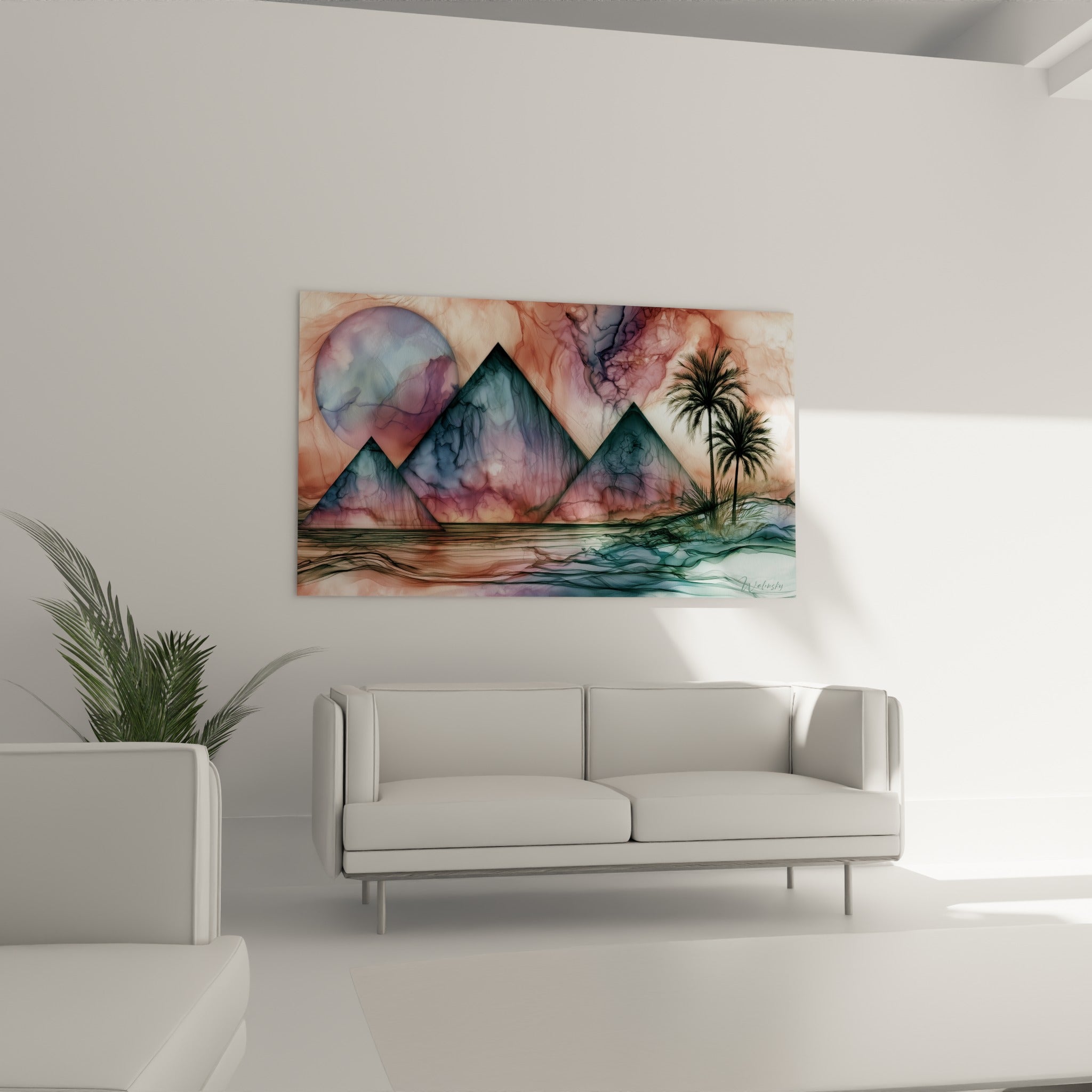 Trois pyramides rose poudré et anthracite déployées au-dessus d'un canapé dans un salon lumineux