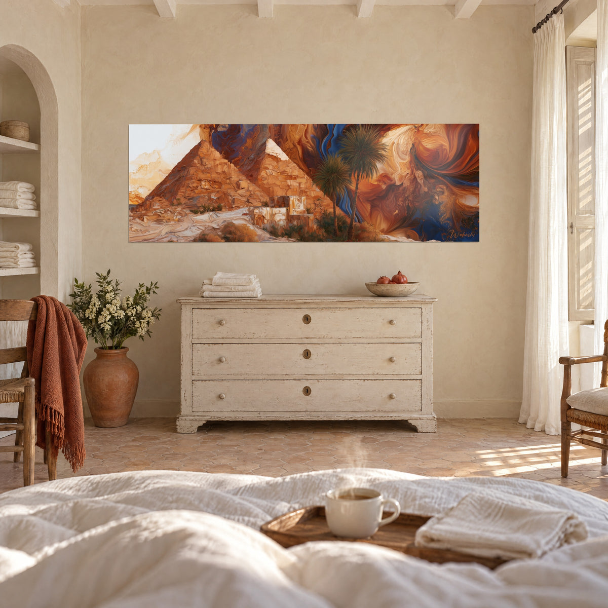 Wall art of pharaonic monuments in thick impasto, golden ochre and cobalt blue, palms on the right, above a bed in a light bedroom