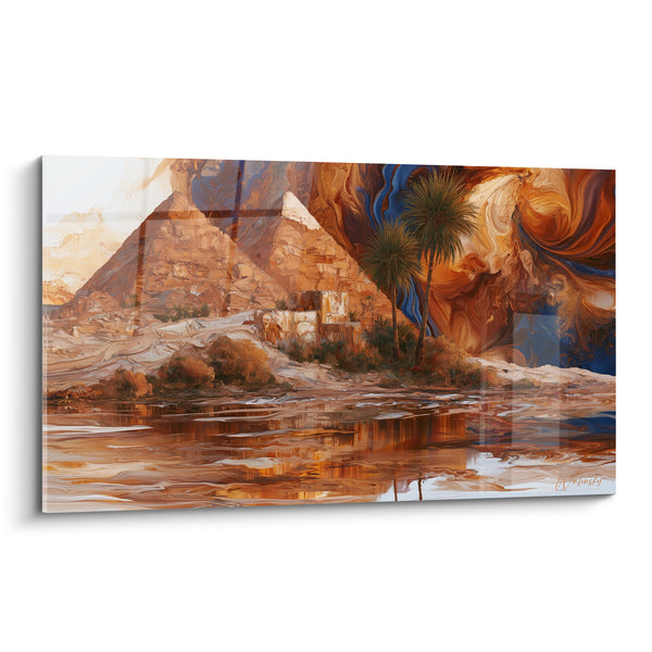 Tableau Pyramides ocre et bleu au bord du fleuve - Palmiers et bâtisse blanche - Edition egypte