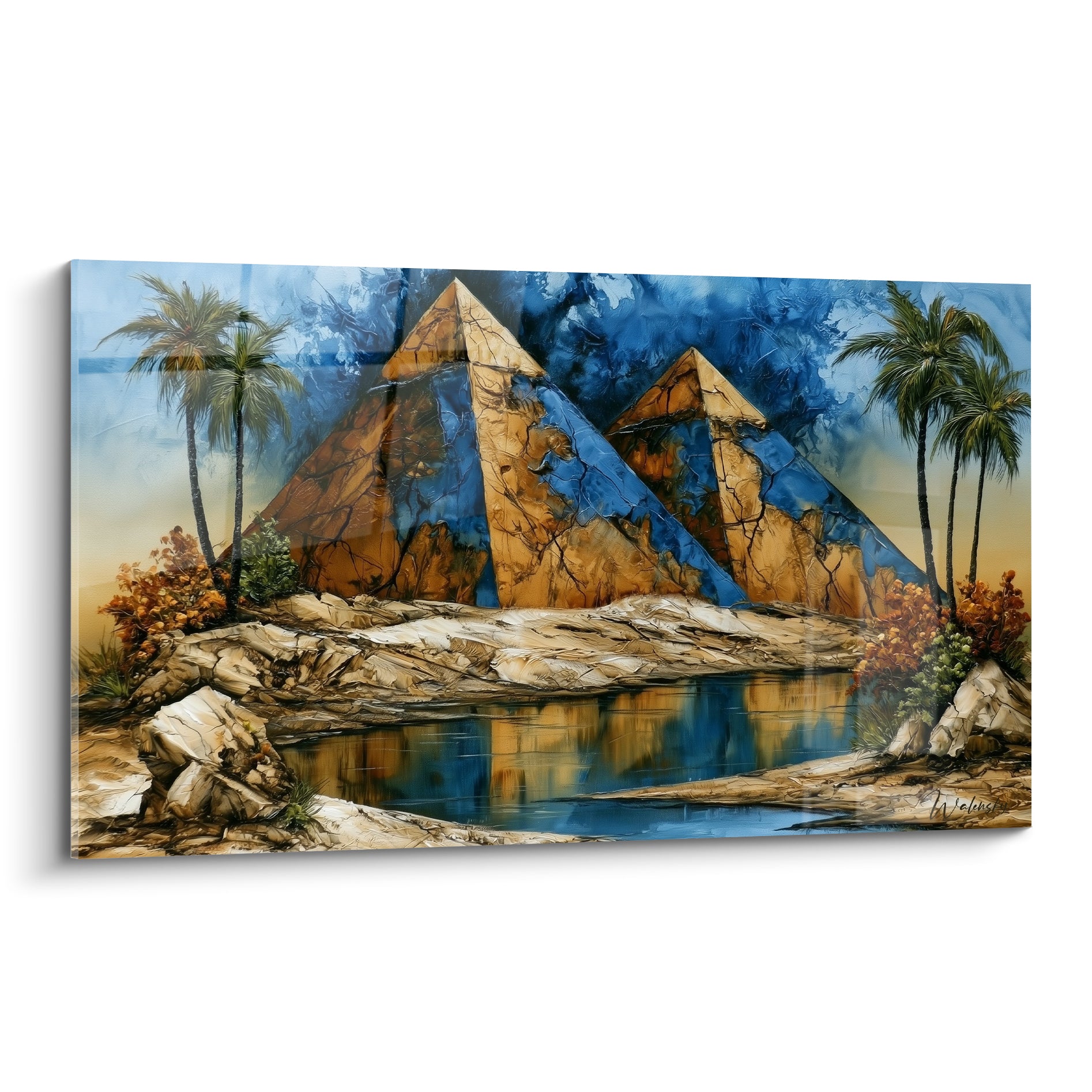 Pyramides dorées et bleu nuit reflétées dans une eau calme, style texturé égyptien