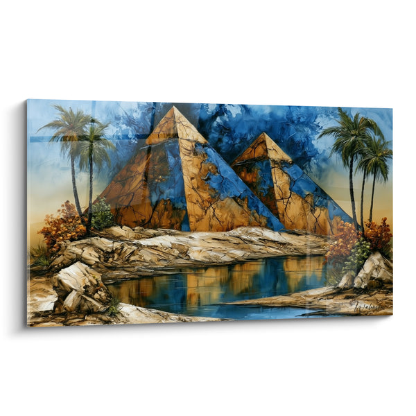Tableau Pyramides ocre et bleu près d'un point d'eau - Oasis millénaire - Edition egypte