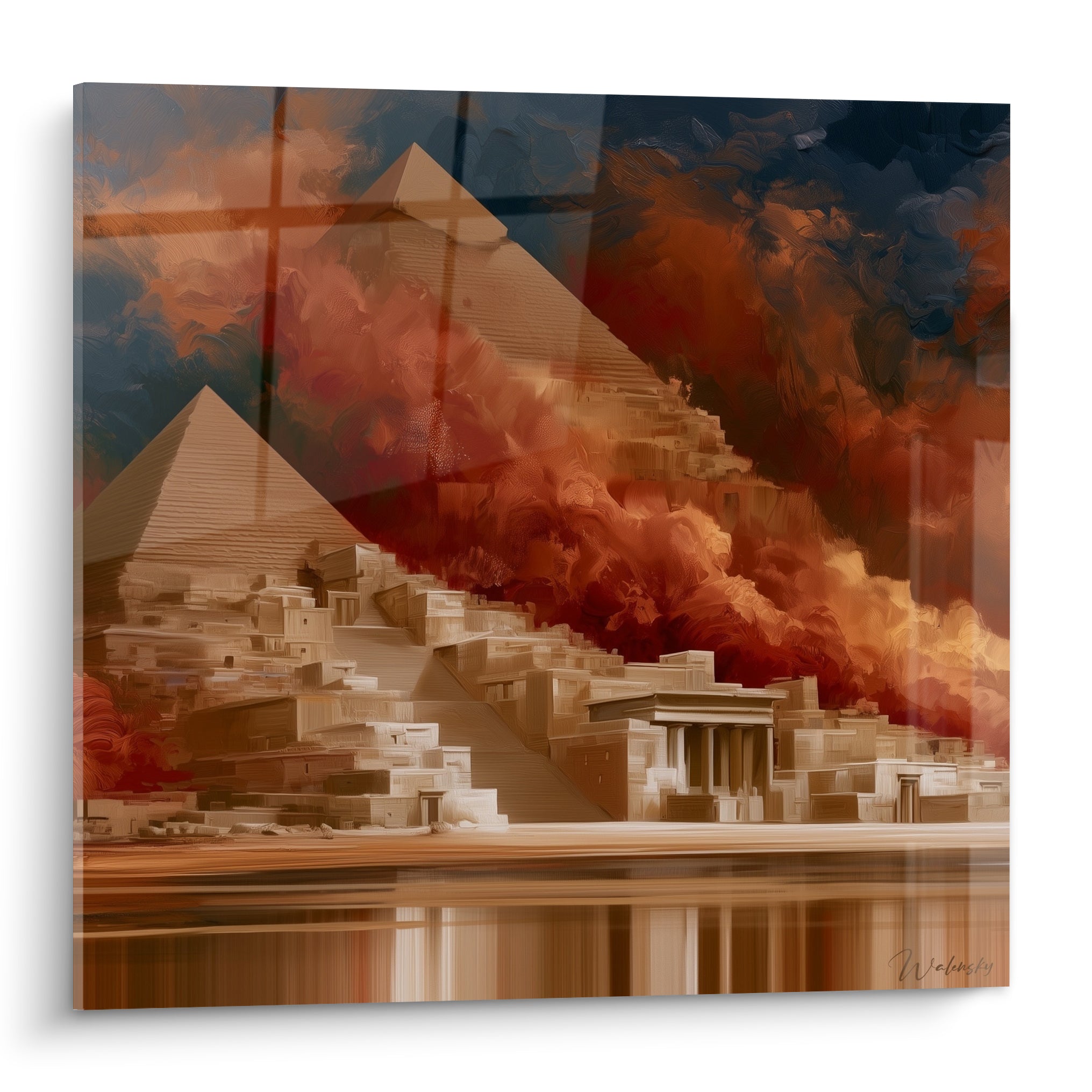 Pyramides ocre et beige dominant une cité antique sous un ciel bleu marine embrasé de terracotta