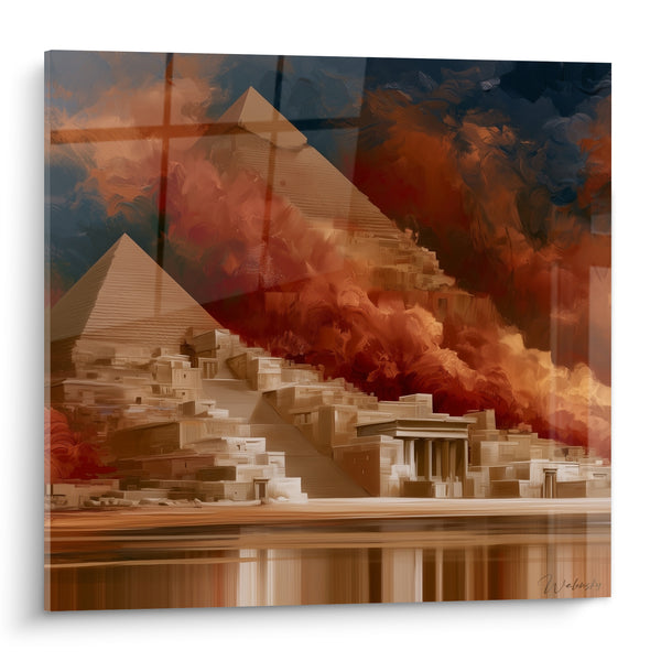 Tableau Pyramides ocre et ciel bleu nuit embrasé - Tempête ancestrale - Edition egypte