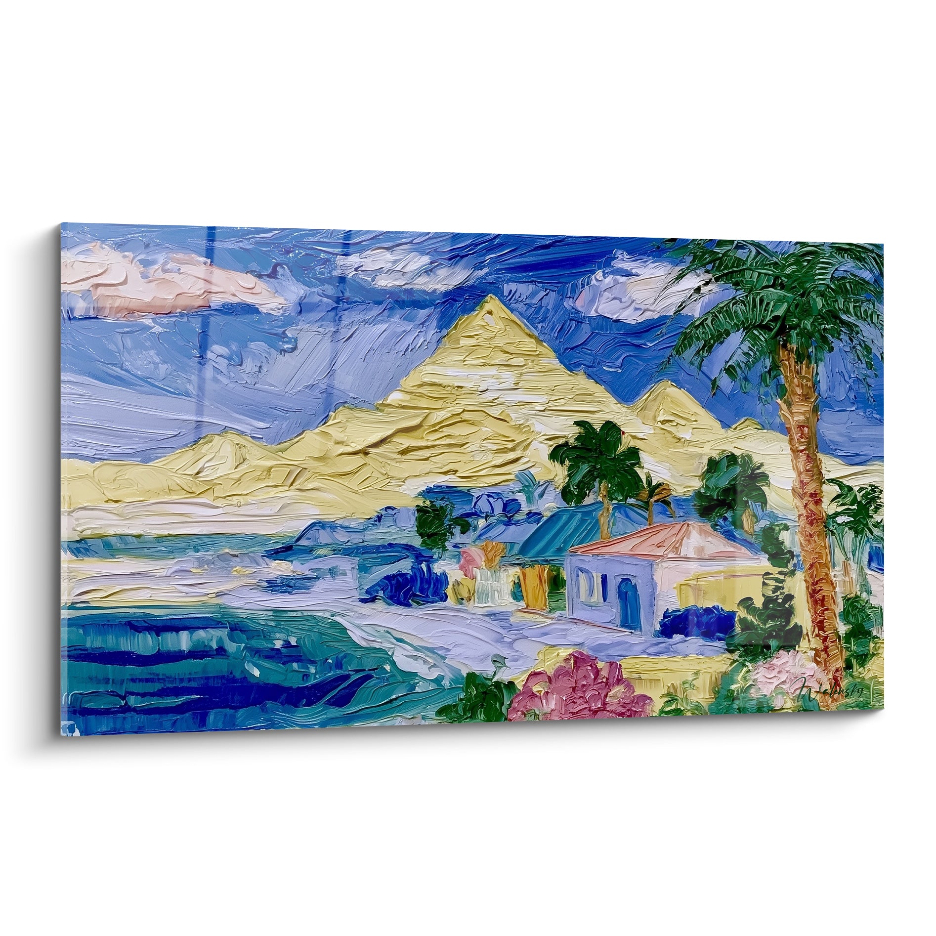Pyramides ocre dorées et Nil bleu marine peints en relief, village aux toits colorés au premier plan