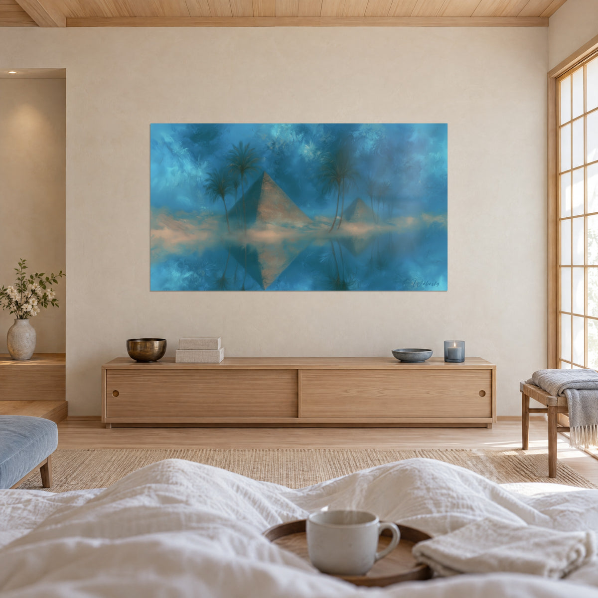 Tableau oasis nocturne et pyramide sable dans un halo turquoise, palmiers élancés et reflets, au-dessus d'un lit dans une chambre claire