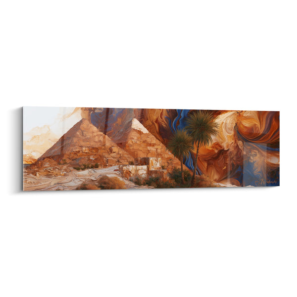 Tableau Pyramides ocre et bleu avec palmiers verdoyants - Tourbillon marbré coloré - Edition egypte
