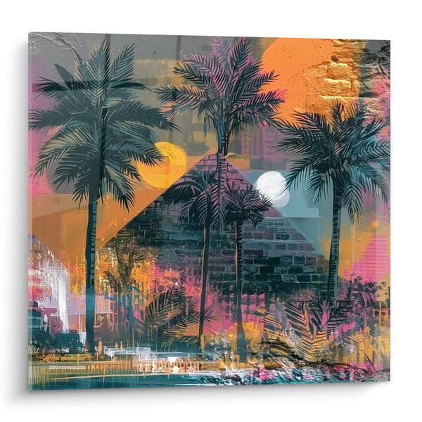 Tableau Pyramides ocre et roses aux palmiers noirs - Double lune sur le Nil - Edition egypte