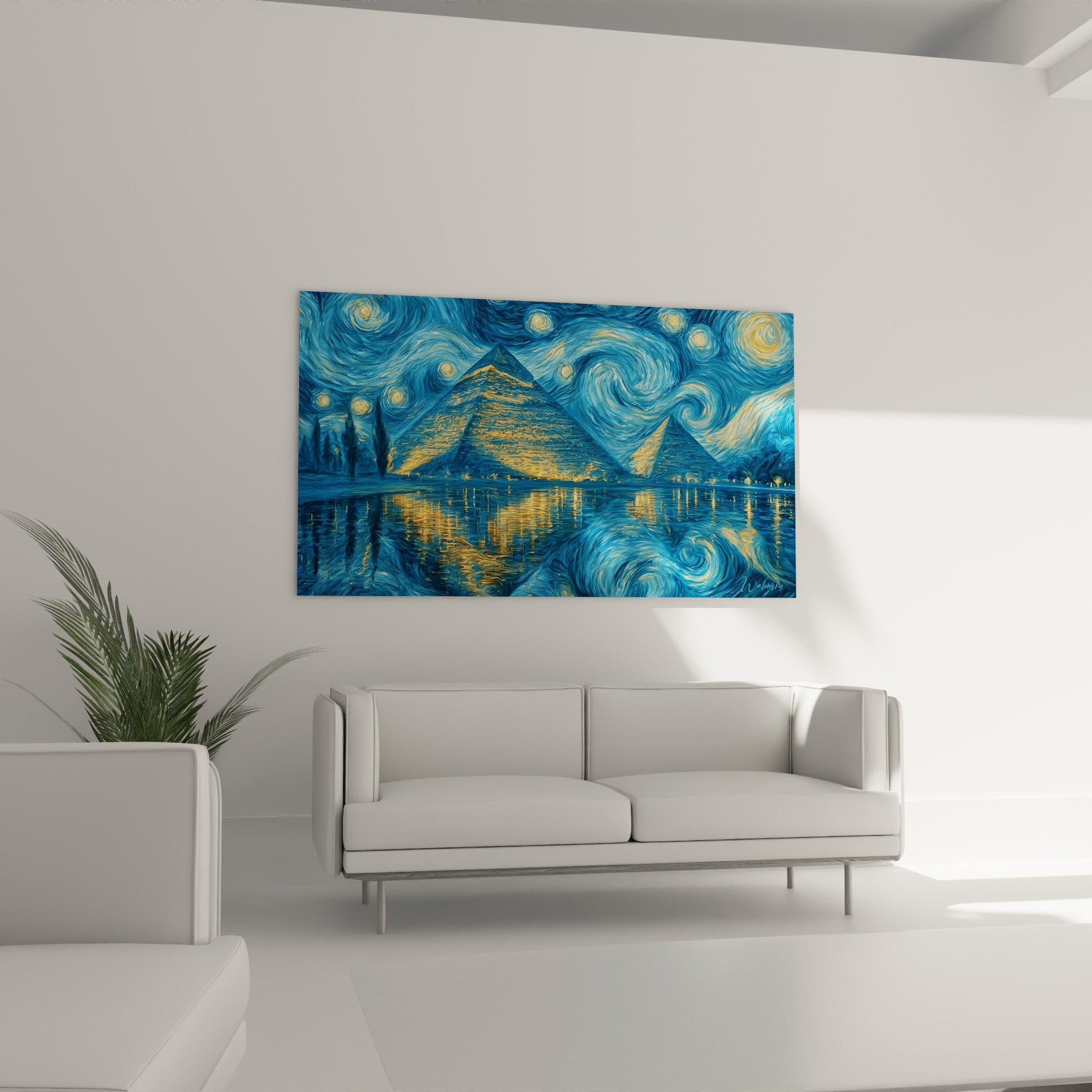 Monuments égyptiens ocre et bleu marine dans un ciel spiralé, au-dessus d'un canapé dans un salon lumineux