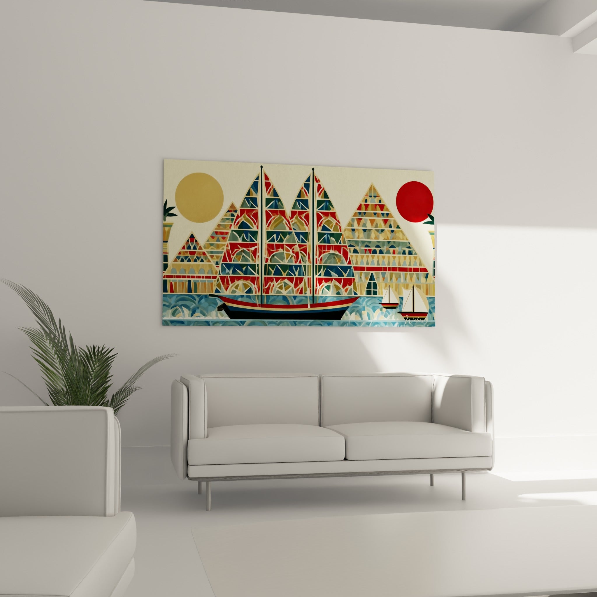 Pyramides égypte ocre et bleu sauge dominant une felouque au-dessus d'un canapé dans un salon lumineux