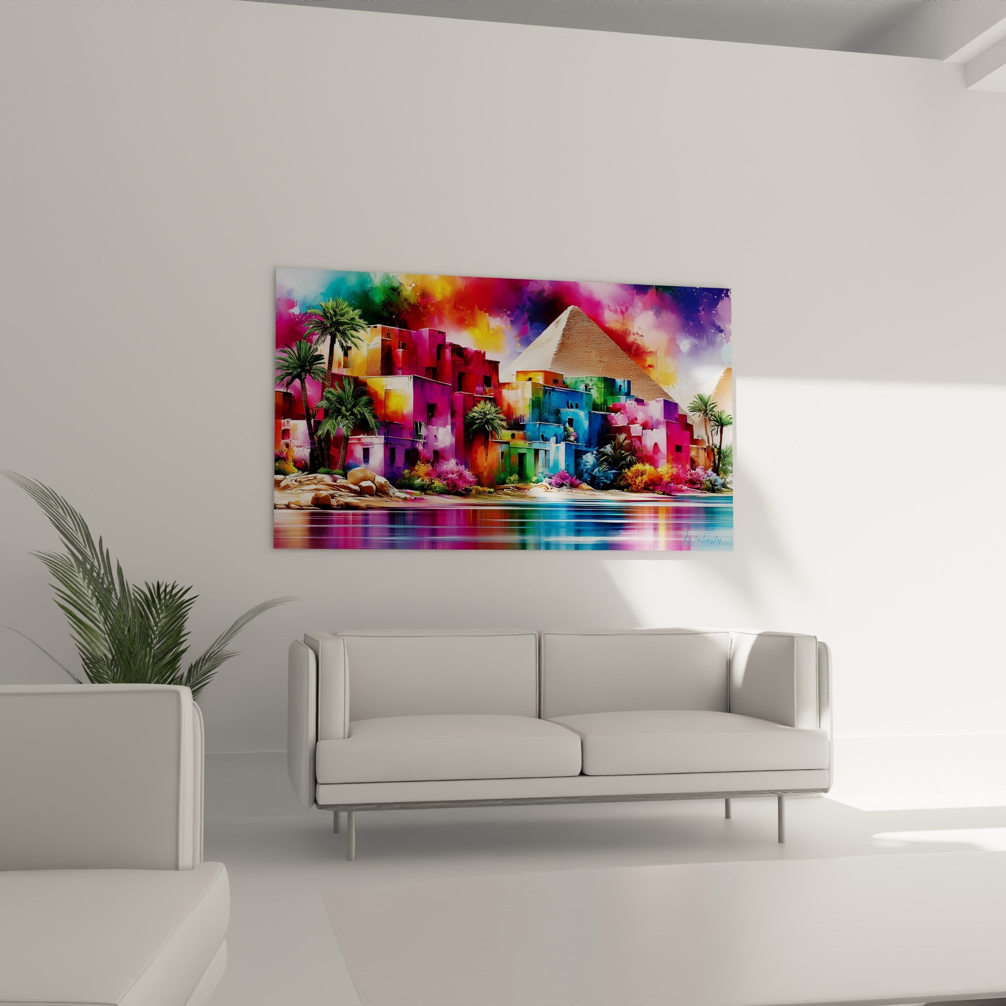 Pyramides dorées et village nubien magenta positionnés au-dessus d'un canapé dans un salon lumineux
