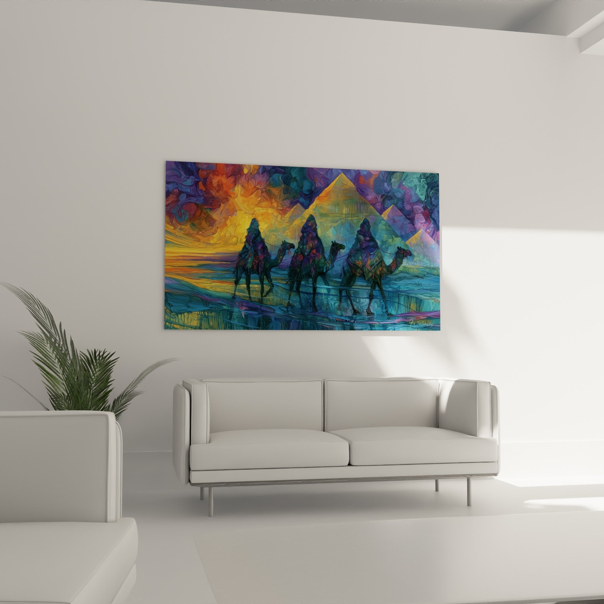 Silhouettes de dromadaires et pyramides ocre dans un camaïeu turquoise, au-dessus d'un canapé dans un salon lumineux