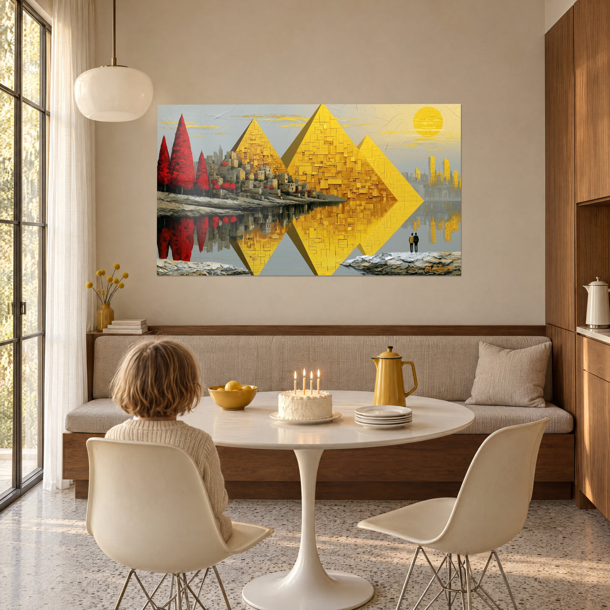 Quadro paesaggio egiziano stilizzato, piramidi in mosaico giallo oro e alberi rossi, parete color crema di una sala da pranzo, bambino seduto al tavolo di spalle