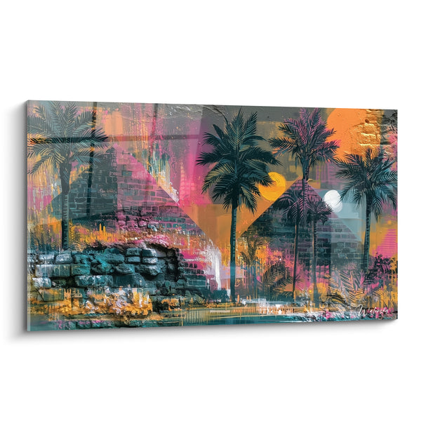 Tableau Palmiers noirs aux pyramides orange et roses - Double lune sur oasis - Edition egypte