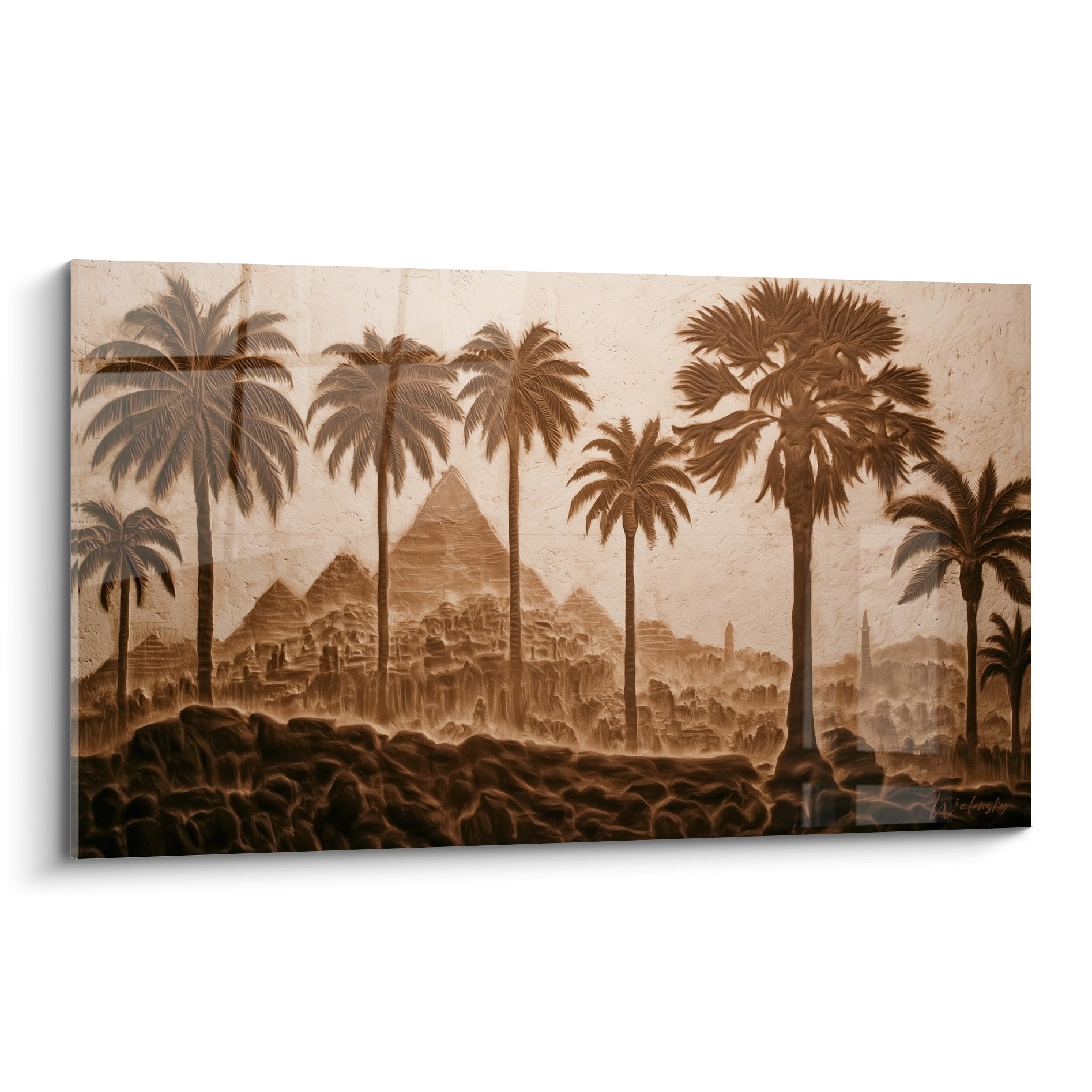 Pyramides égypte brunes et palmiers sépia sculptés en relief texturé sur fond sable
