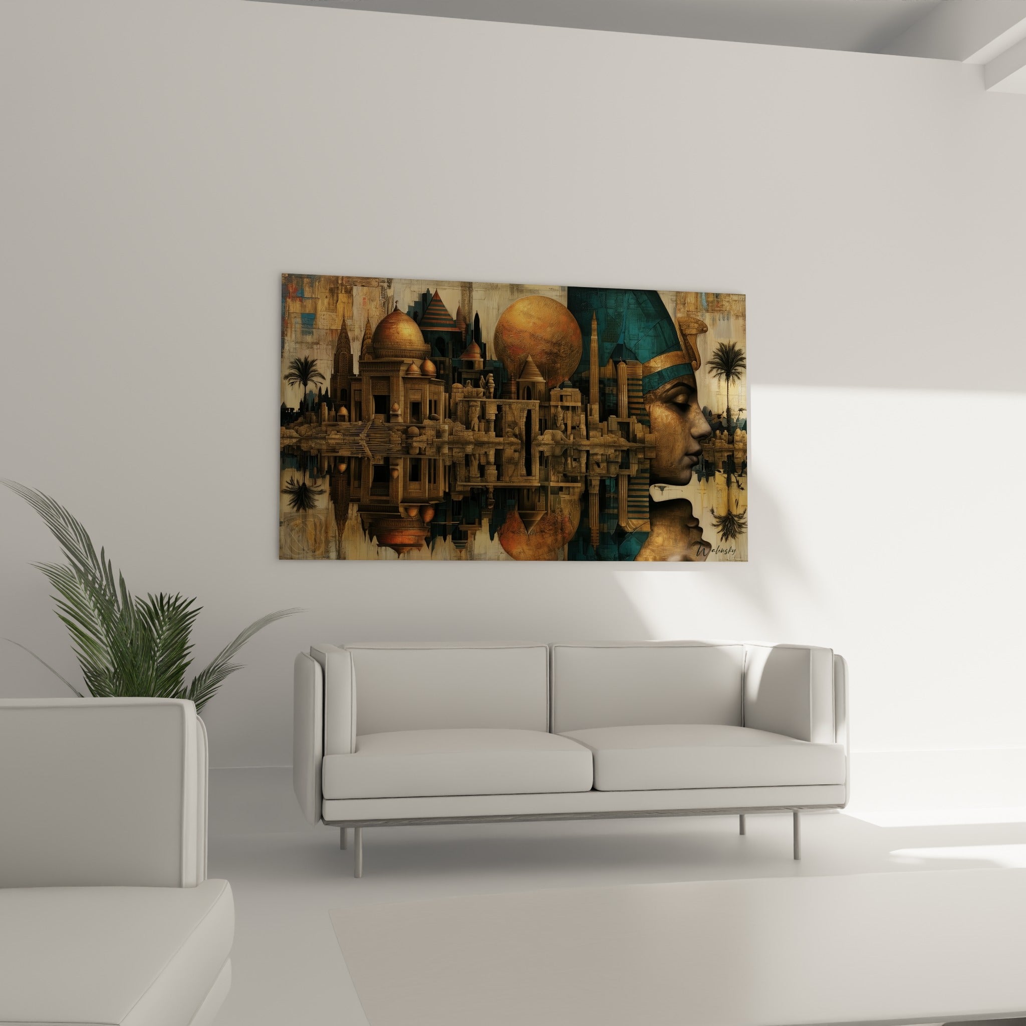 Cité antique dorée et pyramides ocre surmontées d'un profil pharaonique au-dessus d'un canapé dans un salon lumineux