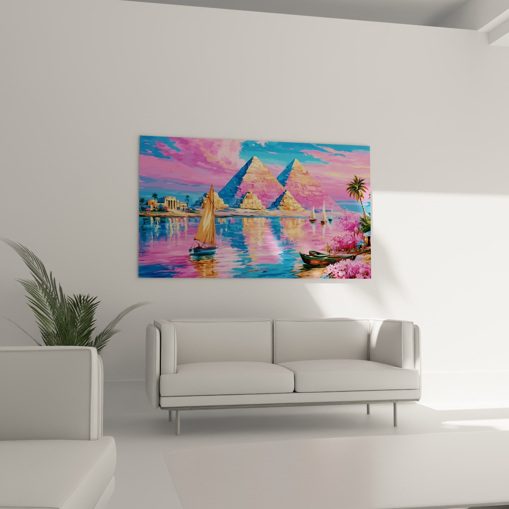 Nil turquoise reflétant les pyramides beige et un ciel rose, au-dessus d'un canapé dans un salon lumineux