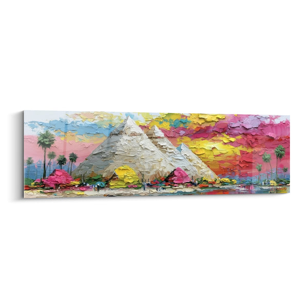 Tableau Pyramides beige et rose aux palmiers texturés - Ciel embrasé du Caire - Edition egypte