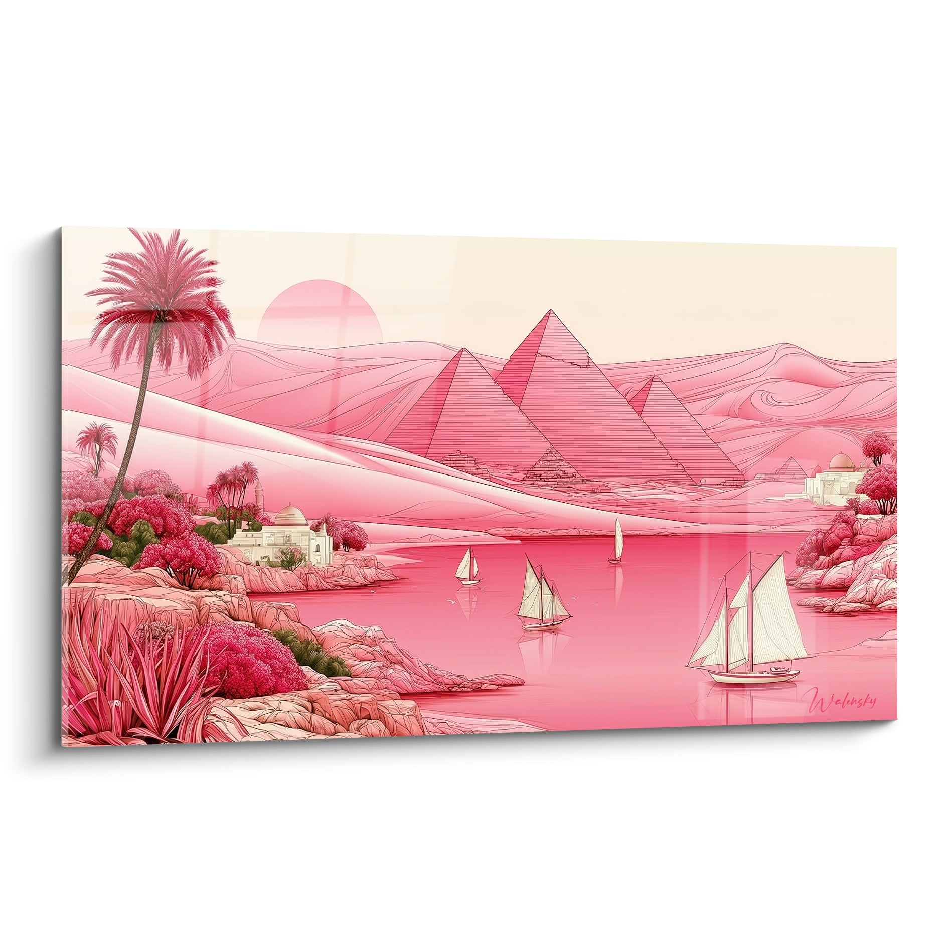 Pyramides roses et felouques blanches glissant sur le Nil, palmier corail au premier plan